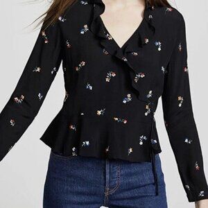 Rails Simone Black Kyoto Floral Wrap Ruffle Blouse Size Medium